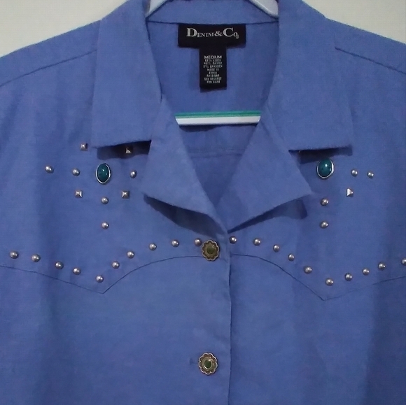 NWOT Denim & Co  Western Style Linen Blend Turquoise and Stud detail Shacket - Picture 3 of 9